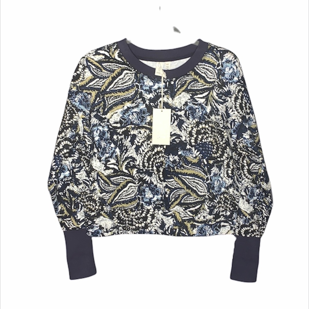 NWT Joie Caleigh Blue White Floral Paisley Cropped Sweatshirt Thumbholes Small